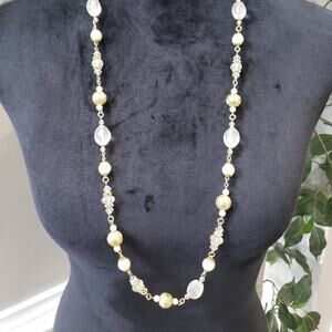 1928 Womens Fashion Clear Crystals Faux Pearl Beaded Long Necklace with Lobster